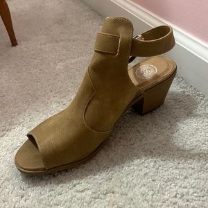 Tan peep toe heels
